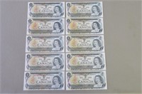 (10) 1973 Canadian $1 Notes