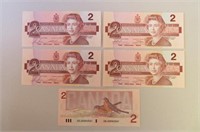 (5) 1986 Canadian $2 Notes
