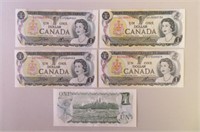 (5) 1973 Canadian $1 Notes