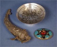 Decorative metal bowl & horn form flask