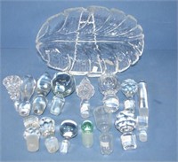 Orrefors glass dish & various decanter stoppers