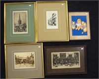 Four various framed English scene etchings