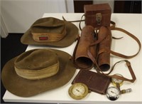 Two WWII AIF hats, quantity of leather items