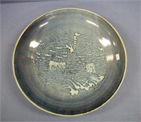 Large blue glazed pottery shallow bowl
