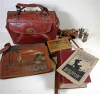 Two leather bags and wooden box, set bells