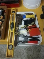 Pipe wrench, level, assorted tools