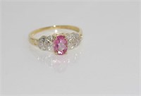 9ct yellow gold, pink gem and diamond ring
