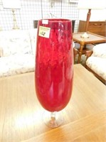 TALL FOOTED RED GLASS VASE
