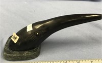 Buffalo horn mounted on soapstone carved as a bird