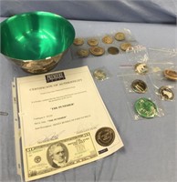 Silver plated bowl and a fake $10 bill from movie,