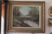 Framed Oil on Canvas Artwork - River & Mountains