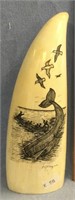 Huge scrimshawed whale's tooth by Peter Mayac 9" t
