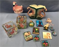 Lot of assorted flamingo vases and refrigerator ma