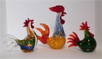 Lot #132 (3) art glass roosters in various sizes