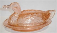 Lot #130 Pink depression glass duck on nest