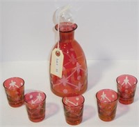 Lot #53 Cranberry etched 6pc decanter set with