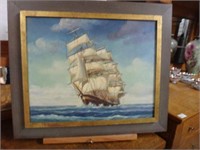 Framed Ships Painting On Canvas Signed Winfred