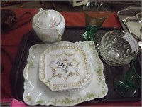 Green Depression Porcelain Trays, Handled Waste