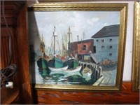 Painting On Board Shrimp Boats On Dock Signed