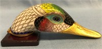 Cloisonné duck head on wood base, hinged, containe