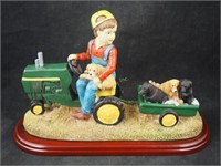 John Deere Peddle Tractor & Boy W Dogs Figurine
