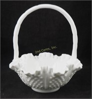 Vintage Fenton Milk Glass Hobnail Basket 9"