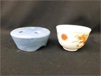 Blue pottery flower frog - dragon sake cup?