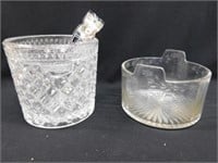 Two glass ice tubs - chrome tongs