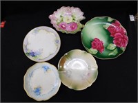 Five China plates w/roses, several signed