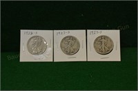 (3) Walking Liberty Half Dollars VG+ 1927s,28s,29s
