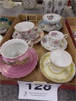 Five china cups/saucers: Lefton chintz - Tuscan,