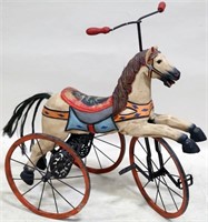 ANTIQUE CARVED WOODEN & POLYCHROME HORSE TRICYCLE.
