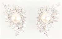 18K WHITE GOLD DIAMOND PEARL CLUSTER EARRINGS