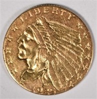 1925-D $2.50 GOLD INDIAN, CH AU