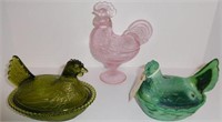 Lot #49 Emerald glass hen on nest, pink glass