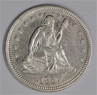1857 SEATED LIBERTY QUARTER, CH AU