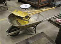 Wheel Barrow, Steel Stool & (3) Snow Shovels