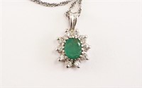 14K White Gold Necklace w/Emerald Pendant. Diamond