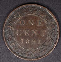 1891 SM LEAVES SM DATE CANADA LARGE CENT, F/VF