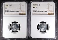 2-1943-D LINCOLN STEEL CENTS, NGC MS66