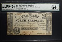 1861 TWO DOLLARS STATE OF NORTH CAROLINA PMG 64EPQ