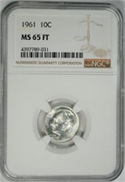 1961 ROOSEVELT DIME, NGC MS-65 FT
