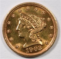 1903 $2.5 GOLD LIBERTY GEM BU, SMALL RIM BUMP REV.