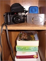 Shelf with Camera's, Wedding Albums, Vtg Cards