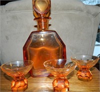 Vtg Orange Glass Decanter an 3 Snifters