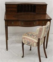 2pc. Mahg. Desk w/ inlay & leather top & Chair