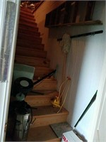 Yard speader, hand tools, mop, wooden ladder,