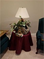 Small end table, brass lamp with shade,