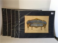 Five Mounted Prints Depicted Settee Styles