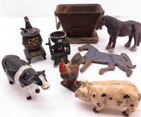 Vtg Cast Iron Toy Farm Animals, Stove, Coffee Mill